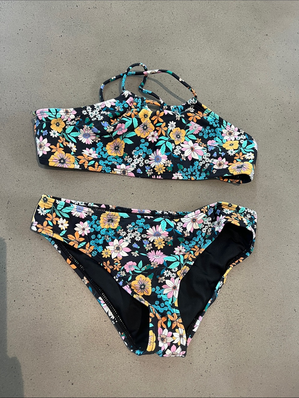 Girls Floral Two-Piece Swim Set in Black and Yellow